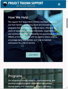 Screenshot of the redesigned Project Trauma Support website featuring a clean layout, improved navigation, and clear calls-to-action for first responders and veterans seeking mental health support.